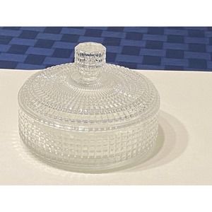Vintage Clear Round Glass Powder Dish Block Optic Style Pattern Candy Dish